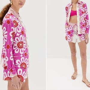 Farm Rio Pink Floral Shorts and Long Sleeve Linen Blend Set - Large
